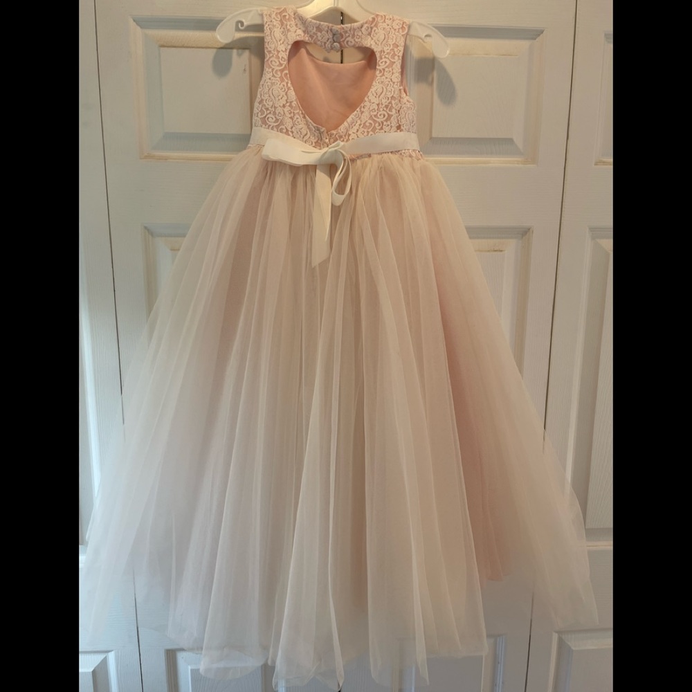 Girls long lace and tulle dress light pink and white size 5 from David’s Bridal